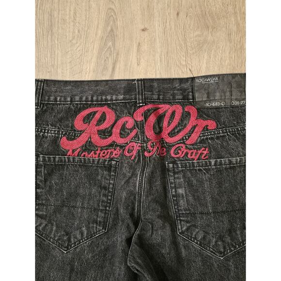 Vintage Y2K RocaWear Baggy Wide Leg Skater Jeans Red Embroidered Black 38X28 - Picture 2 of 11